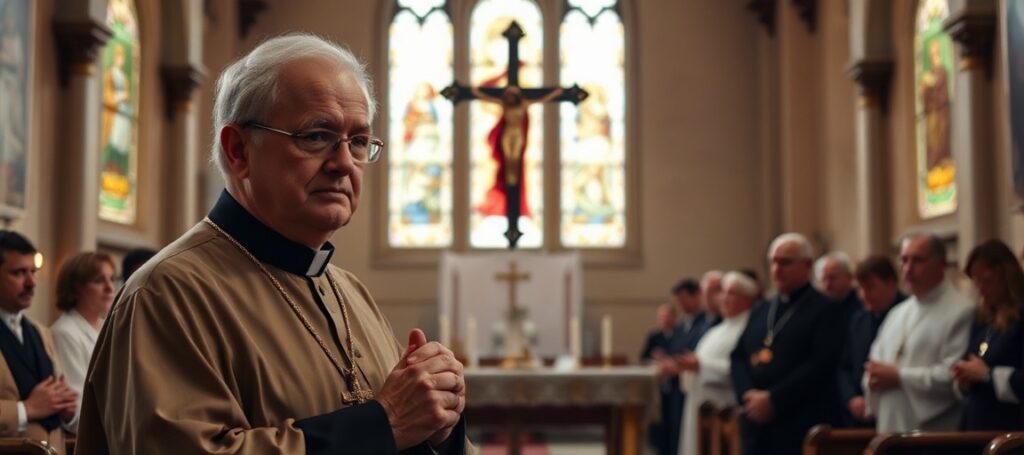 Biskup Athanasius Schneider modli się w tradycyjnym kościele katolickim z kardynałem Victorem Manuel Fernándezem i innymi duchownymi