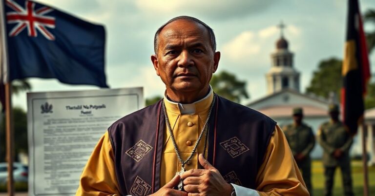 Biskup katolicki w tradycyjnych szatach stojący przed umową wojskową "Pukpuk", z zamyśloną twarzą i różańcem w ręku.