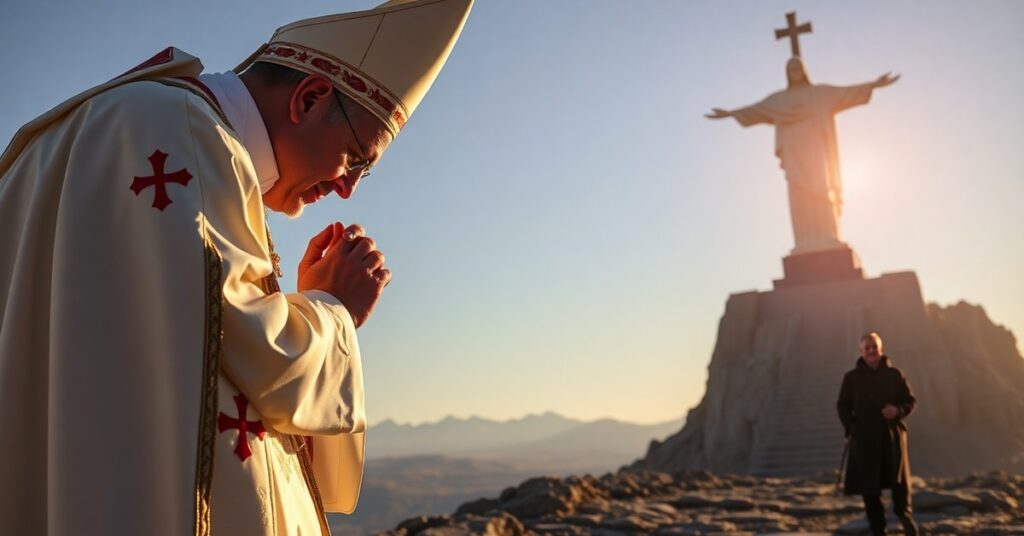 Biskup Baldacchino modli się przed posągiem Chrystusa Króla na szczycie Mount Cristo Rey w obronie świętej ziemi przed rządową grabieżą