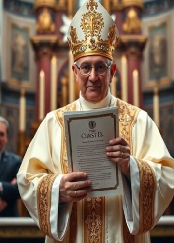Biskup Barron vs marksizm: Chrystus jako jedyny król Biskup w tradycyjnych szatach liturgicznych przed ołtarzem w katedrze, trzymający encyklikę Quas Primas Piusa XI.