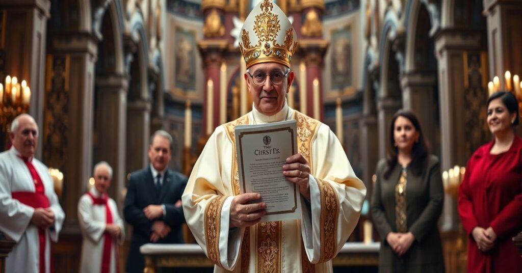 Biskup w tradycyjnych szatach liturgicznych przed ołtarzem w katedrze, trzymający encyklikę Quas Primas Piusa XI.
