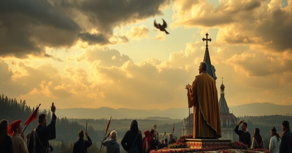 Biskup Robert Barron przed rzeźbą Dobrego Pasterza z Judaszem – obraz ukazujący konflikt między herezją uniwersalizmu a Tradycją