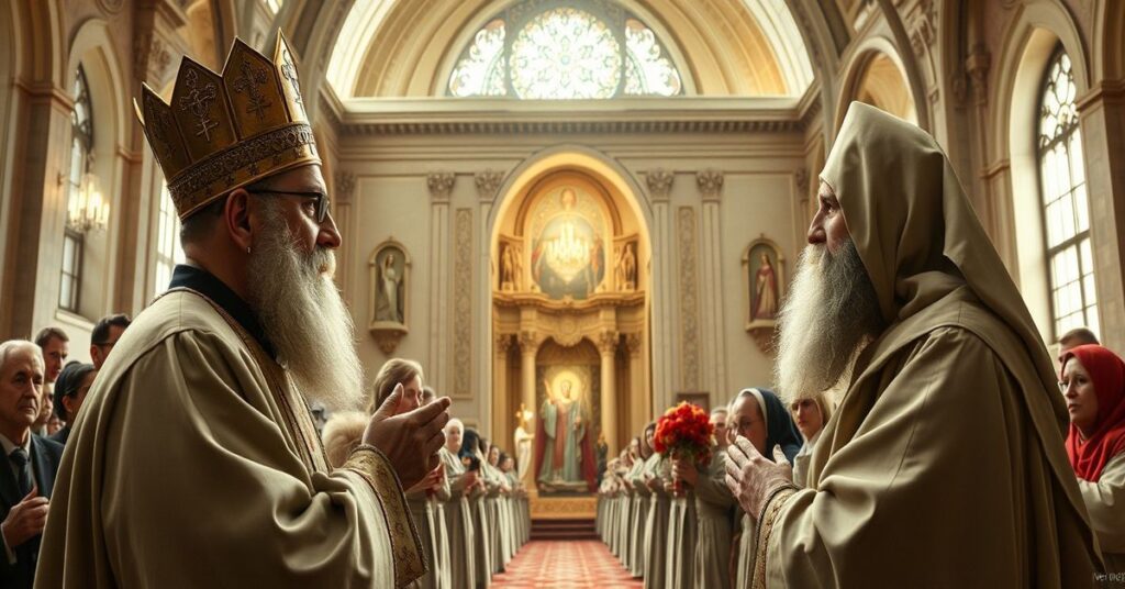 Biskup Robert Barron w kaplicy katolickiej z drzeworytem Judasza Iskarioty na tle