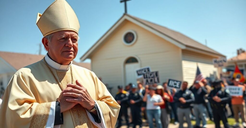 Biskup w ornaty stoi przed kościołem z poważną twarzą na tle protestów przeciwko deportacjom i agentów ICE.