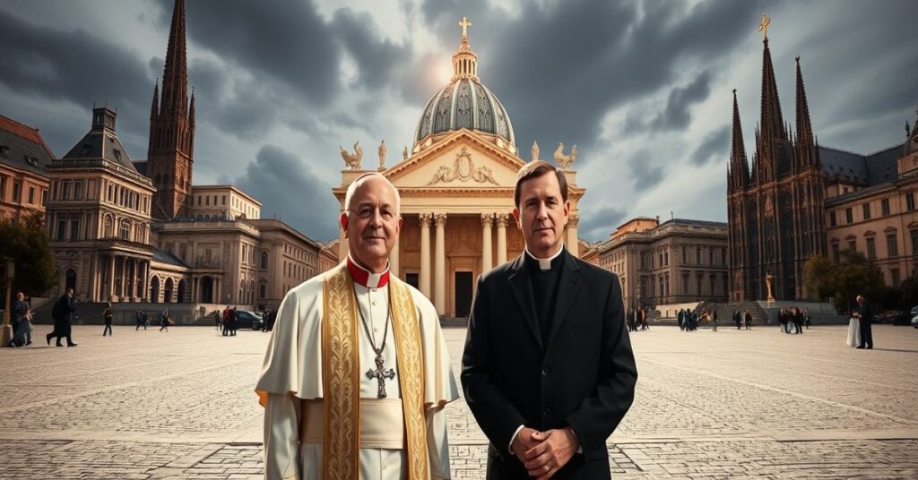 Biskup Robert Barron i Marco Rubio przed Kaplicą Sykstyńską z katedrą w Kolonii na tle - krytyka modernistycznej wizji kultury chrześcijańskiej