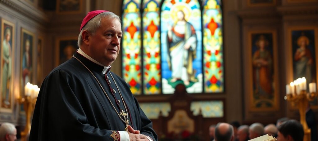 Biskup katolicki w tradycyjnym stroju liturgicznym przemawia do zgromadzenia w kaplicy z witrażem przedstawiającym Chrystusa Króla.