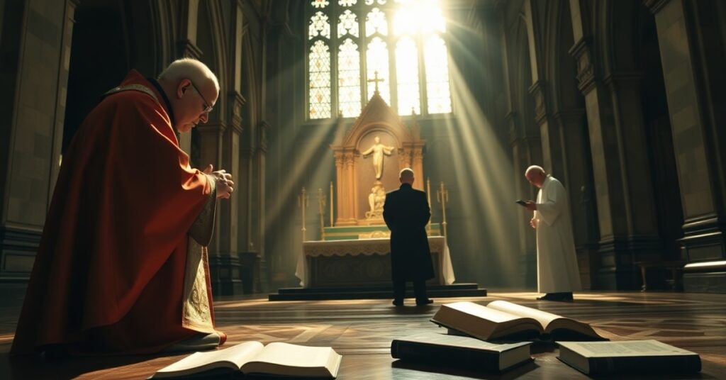 Biskup Robert Barron podczas modlitwy przed Najświętszym Sakramentem w katedrze gotyckiej obok smutnego J.D. Vance z porzuconymi książkami Tolkiena i Girarda na podłodze