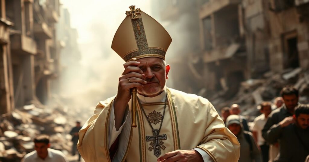 Katolicki biskup w tradycyjnych szatach liturgicznych trzyma monstrancję z Najświętszym Sakramentem wśród zniszczeń w Bejrucie. Wokół niego ludzie szukają schronienia przed wojną.