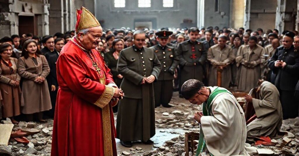 Obraz przedstawiający biskupa w tradycyjnych szatach kościelnych w zniszczonym kościele podczas kolaboracji z komunistami.