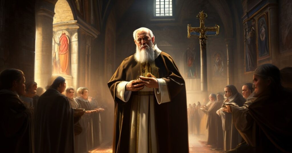 Obraz tradycyjnego biskupa w pełnym stroju liturgicznym w kaplicy kamiennej z wieloma wiernymi obserwującymi scenę z niepokojem