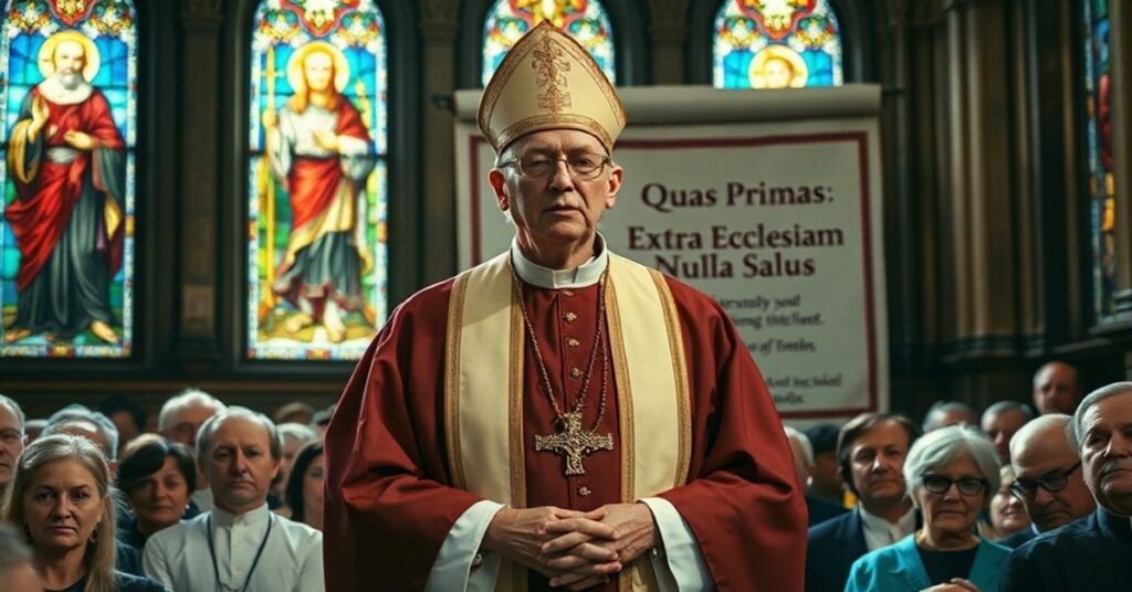 Biskup Bernhard Bober w katedrze, mówiący do zgromadzenia wiernych przed oknami witrażowymi przedstawiającymi Chrystusa Króla.