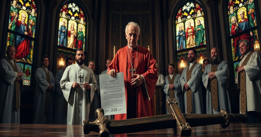 Biskup w pełnym stroju liturgicznym stoi w tradycyjnym kościele katolickim przed ołtarzem, trzymając list pasterski. W tle grupa żonatych mężczyzn czeka na niekanoniczną ordynację. Scena jest oświetlona w subtilny sposób podkreślający powagę momentu.