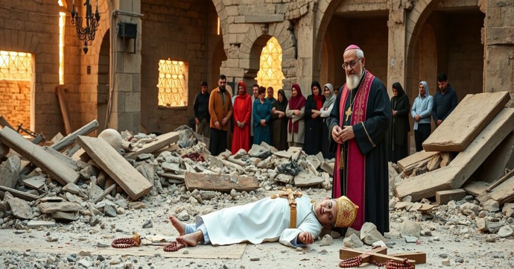 Biskup Jules Boutros w ruinach zniszczonego bombami kościoła w Libanie, z ciałem zamordowanego księdza Pierre'a al-Rahi leżącym na ziemi.