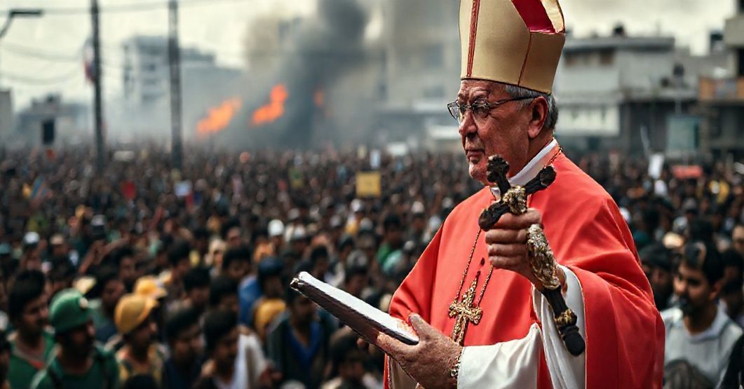 Czcigodny biskup w tradycyjnych insygniach kościelnych przemawia do tłumu w brazylijskim mieście, z tłem przemocy i chaosu, trzymający krzyż, z poważnym, ale współczującym wyrazem twarzy.