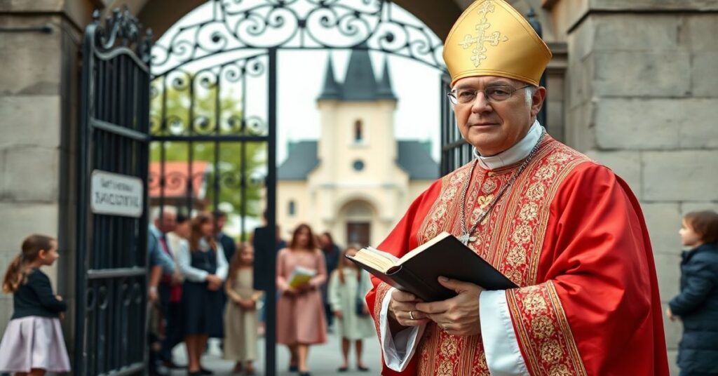 Biskup w tradycyjnym ornacie kościelnym stojący przed bramą szkoły, trzymający zamkniętą Biblię, z grupą zaniepokojonych rodziców i dzieci na tle. Scena ma miejsce w polskim mieście z widocznym historycznym kościołem na tle. Wyraz twarzy biskupa jest poważny ale współczujący, symbolizując duchową walkę z nowoczesnymi wpływami w edukacji.