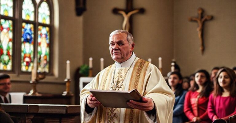 Biskup w tradycyjnych szatach liturgicznych wygłasza przemówienie przed zgromadzeniem wiernych w kościele. Tematem jest obrona prawdy naturalnej wobec ideologii genderowej.