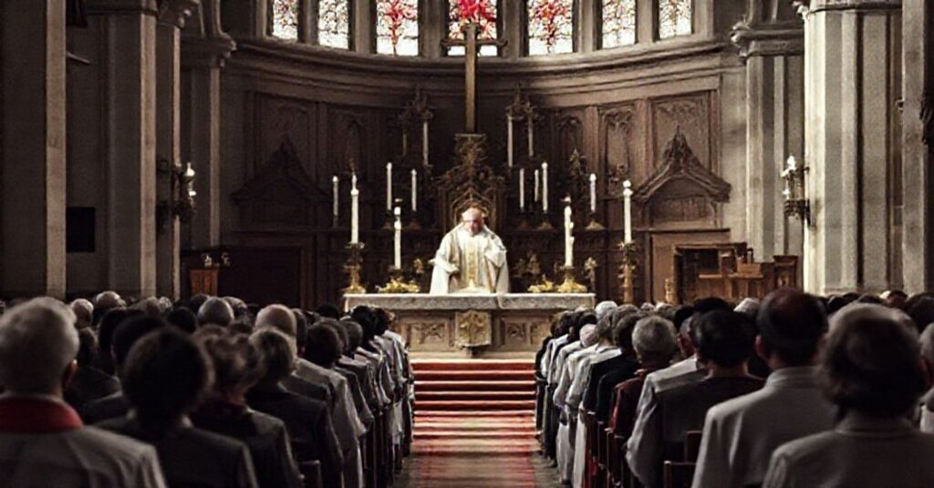 Uroczystość pogrzebowa w katedrze kaliskiej z biskupem Brylem przewodniczącym mszą za zmarłych biskupów Janiaka i Wilskiego