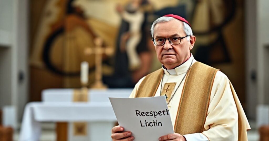 Biskup w tradycyjnych ornamentach stoi przed nowoczesnym ołtarzem z dokumentem 'Miesiąc Szacunku dla Życia', kontrastując z modernistyczną architekturą kościoła