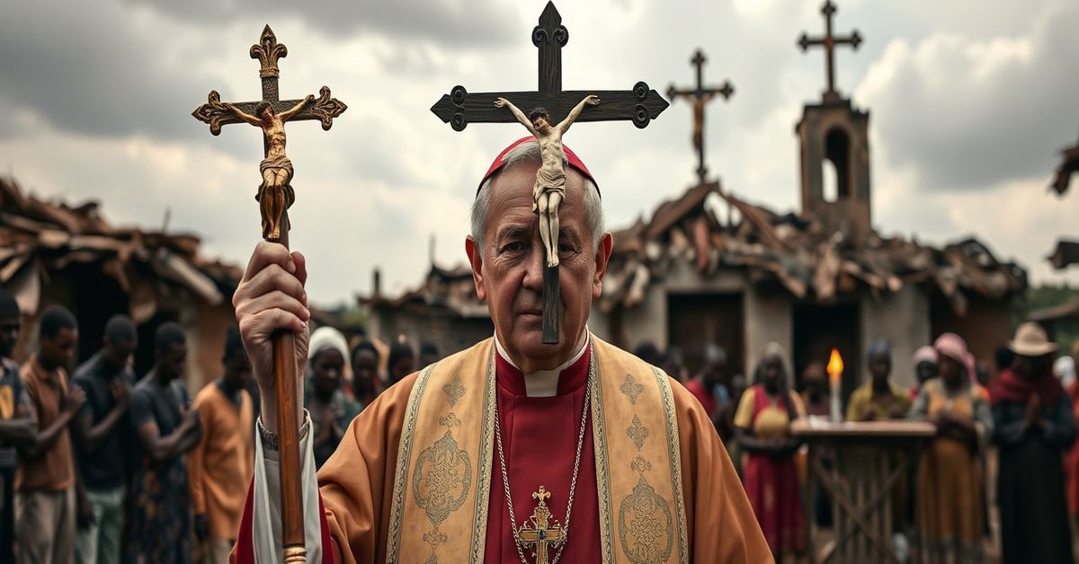 Biskup w tradycyjnych szatach liturgicznych modli się w zniszczonej wiosce w Demokratycznej Republice Konga, trzymając krucyfiks.
