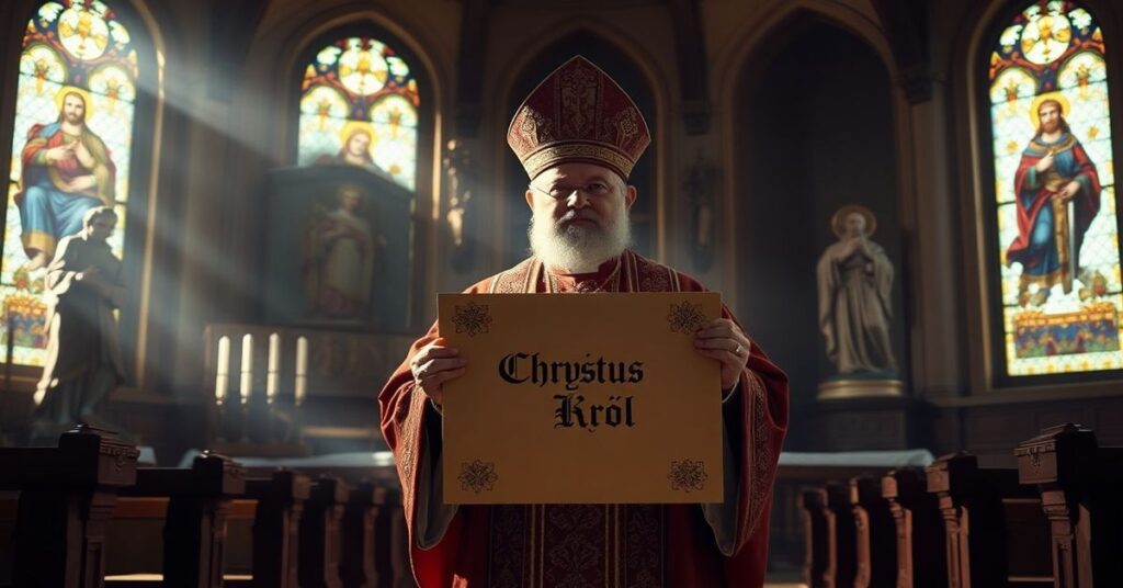 Katedra gotycka z biskupem w liturgicznych szatach trzymającym zwoj z napisem 'Chrystus Król', otoczony ikonami świętych i posągami Chrystusa Króla