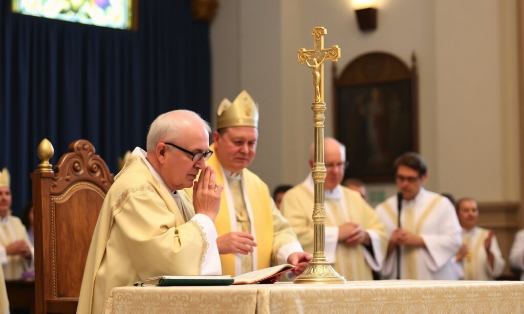 Biskup Keith Chylinski przemawia na konferencji biskupów USCCB w maju 2026 roku o zdrowiu psychicznym. Na tle tradycyjnego kościoła widoczna jest figura Chrystusa na Krzyżu i symbole sakramentów.