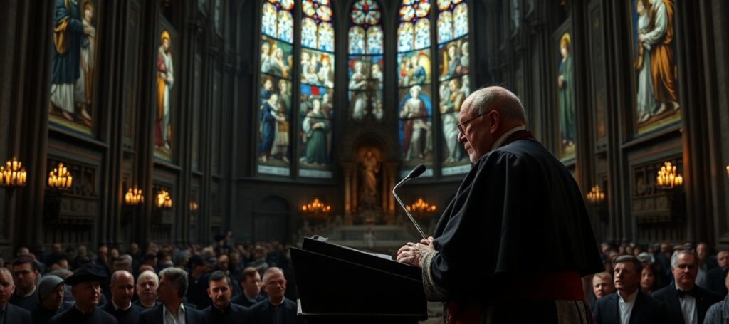 Biskup Mariano Crociata przemawia w katedrze europejskiej, podkreślając brak Chrystusa Króla w jego przemówieniu.