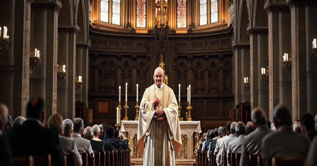 Biskup w tradycyjnym stroju liturgicznym przemawia do wierzących w pięknym kościele katolickim, podkreślając kryzys w kapłaństwie.