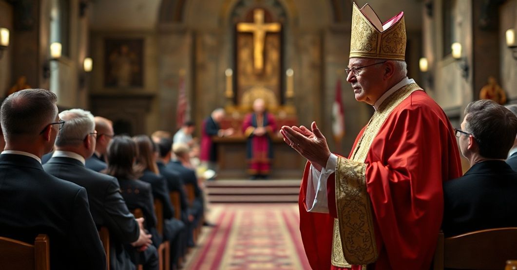 Tradycyjne katolickie środowisko akademickie z biskupem w szatach liturgicznych. Tło przedstawia nowoczesny ołtarz z gośćmi ekumenicznymi. Scena przekazuje pustkę teologiczną i osadzona jest w pseudo-katolickiej retoryce. Styl realistyczny.