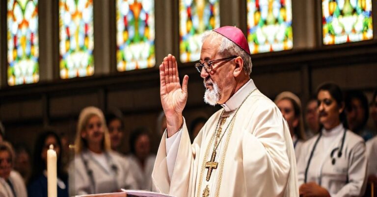 Biskup w tradycyjnych szatach liturgicznych przemawia do pracowników ochrony zdrowia w kościele z akcentem na duchowy wymiar służby medycznej.