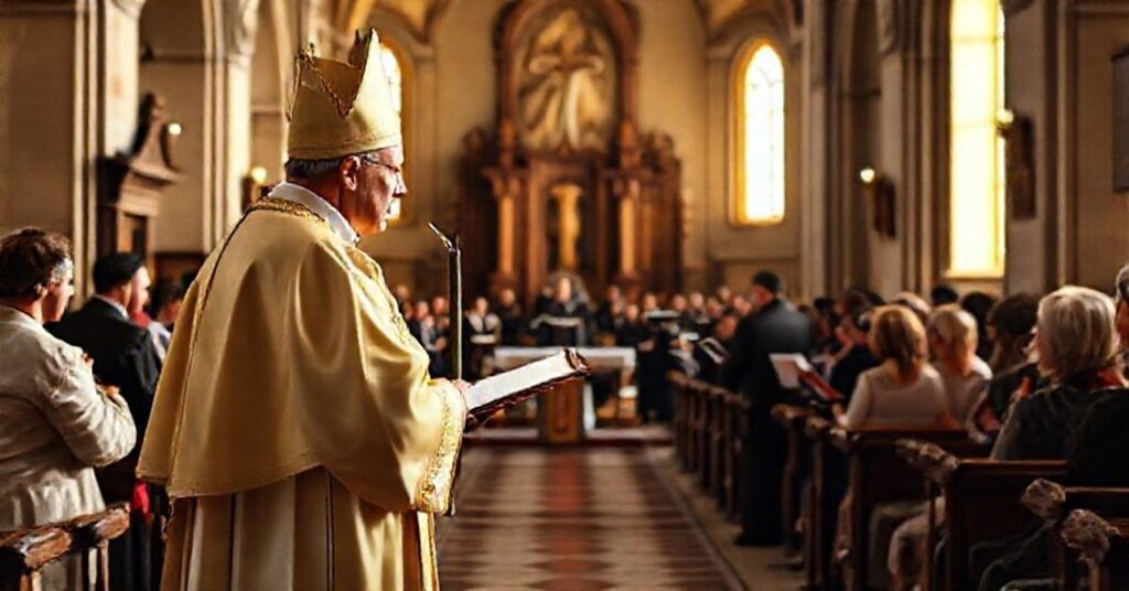 Biskup w tradycyjnych szatach liturgicznych przypomina o prawdziwym miłosierdziu w kościele św. Wojciecha w Opolu podczas IX Światowego Dnia Ubogich.