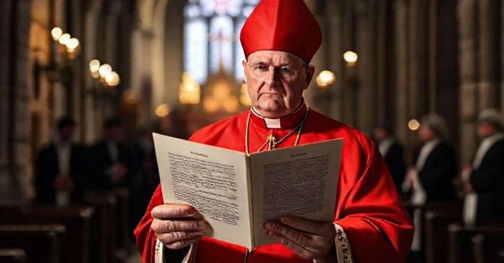 Zatroskany biskup w tradycyjnym purpurowej kołnierzu kościelnym czyta dokument popierający dziedzictwo Karola Wojtyły w ciemnym kościele