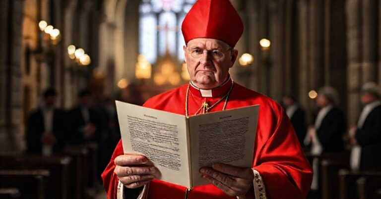 Zatroskany biskup w tradycyjnym purpurowej kołnierzu kościelnym czyta dokument popierający dziedzictwo Karola Wojtyły w ciemnym kościele