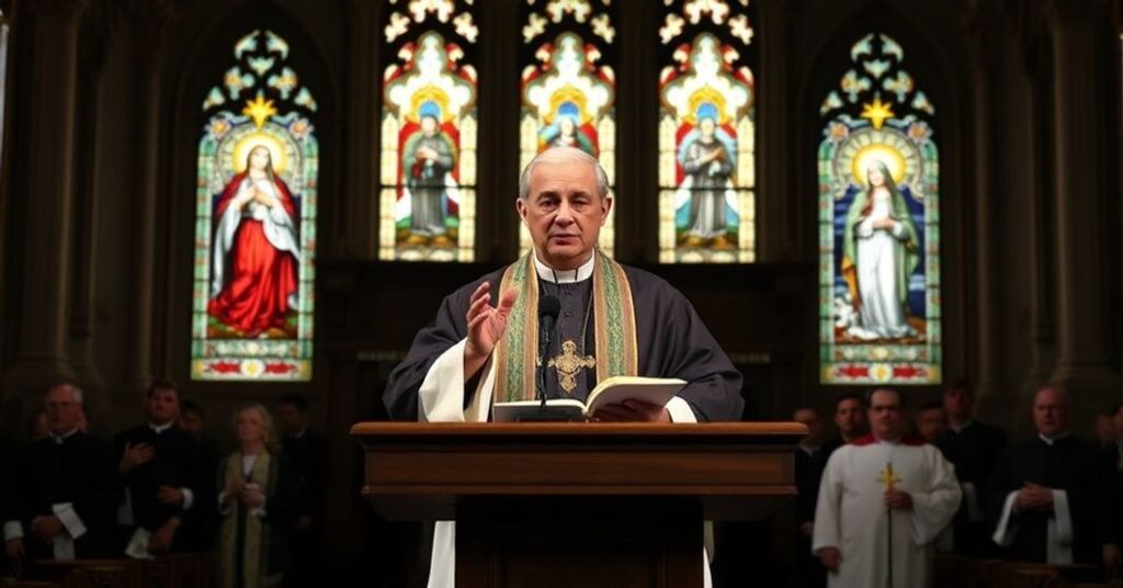 Biskup Daniel Flores w tradycyjnym kościele katolickim podczas kontrowersyjnej mowy na temat porównania deportacji do aborcji