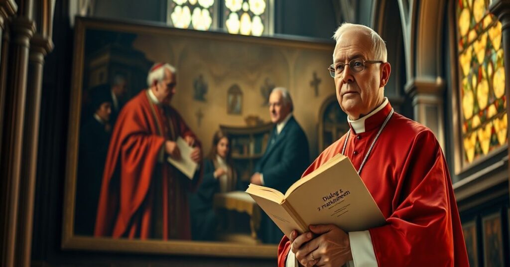Biskup w tradycyjnym stroju liturgicznym trzyma książkę 'Dialog z marksizmem' w przestronnym gotyckim kościele