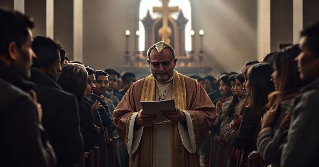 Biskup Michael Duca z diecezji Baton Rouge otacza się obawiającymi się deportacji nielegalnymi imigrantami w wnętrzu kościoła. Ołtarz jest pusty.