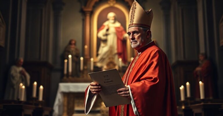 Biskup w tradycyjnym stroju liturgicznym przed ołtarzem z obrazem św. Piusa X na tle, trzyma dokument "XXV Dzień Papieski"