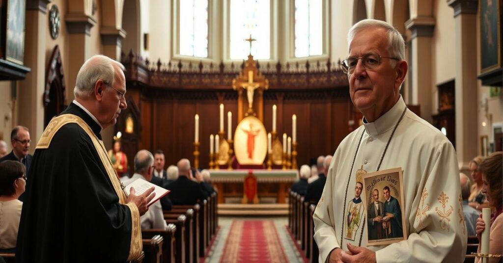 Obrządek katolicki w tradycyjnym stylu z kapłanem z Bractwa św. Piusa X odprawiającym Mszę Świętą, z biskupem Philipem Eganem w tle symbolizującym kontrast między potępieniem Tradycji a jego ekumenizmem.
