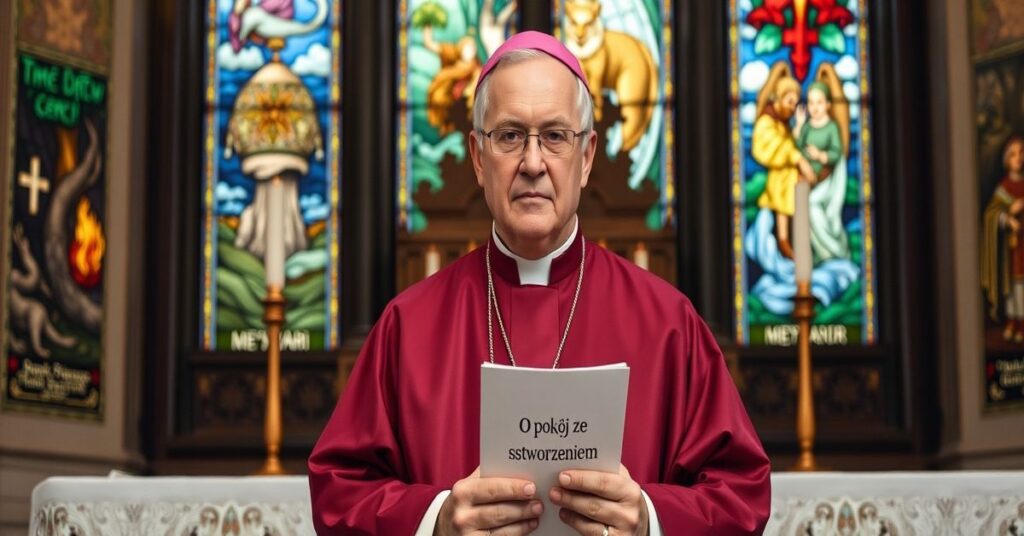 Biskup katolicki w tradycyjnych ornatach przed ołtarzem kościoła z dokumentem o ekologii