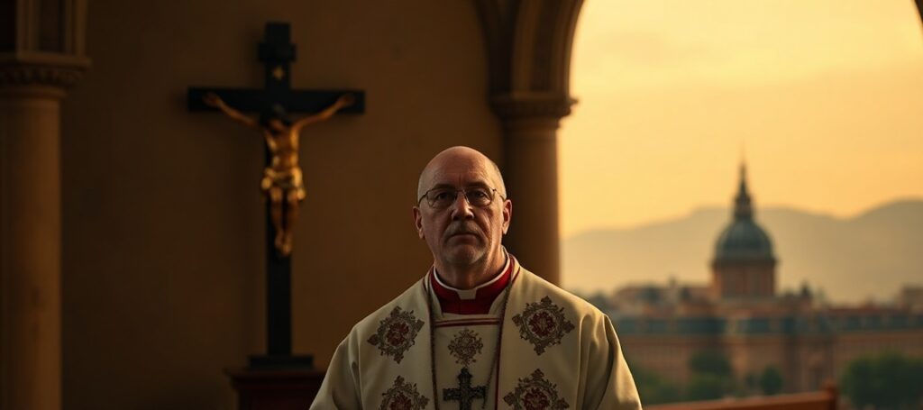 Biskup Marian Eleganti stoi w tradycyjnym katolickim otoczeniu z krzyżem w tle, wyrażając powagę po ataku terrorystycznym w Modenie.