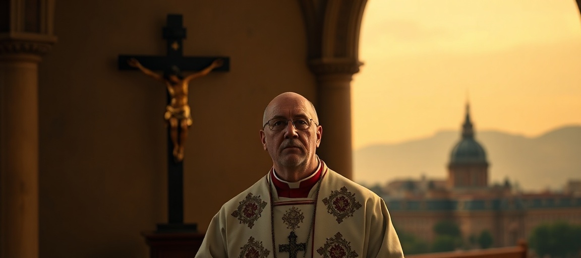 Biskup Eleganti o islamie i ataku w Modenie - prawda w obliczu apostazji Biskup Marian Eleganti stoi w tradycyjnym katolickim otoczeniu z krzyżem w tle, wyrażając powagę po ataku terrorystycznym w Modenie.