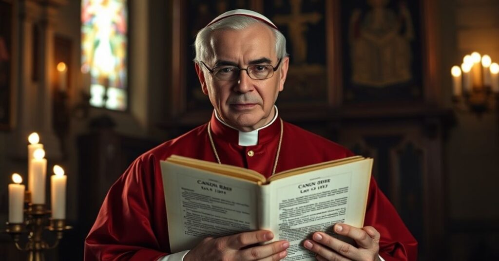 Tradycyjny biskup w stroju liturgicznym stoi w kaplicy z rozszczepionym obrazem Nowej Mszy i Mszą Łacińską.