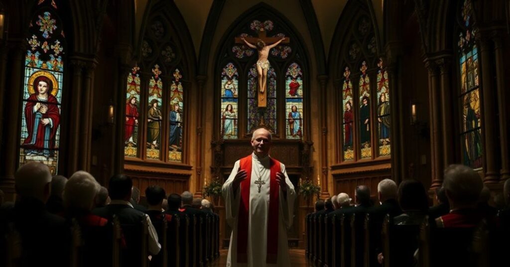 Obraz przedstawia "biskupa" Mariana Elegantiego podczas kazania w tradycyjnym kościele katolickim o grzechu i wiecznych karach.