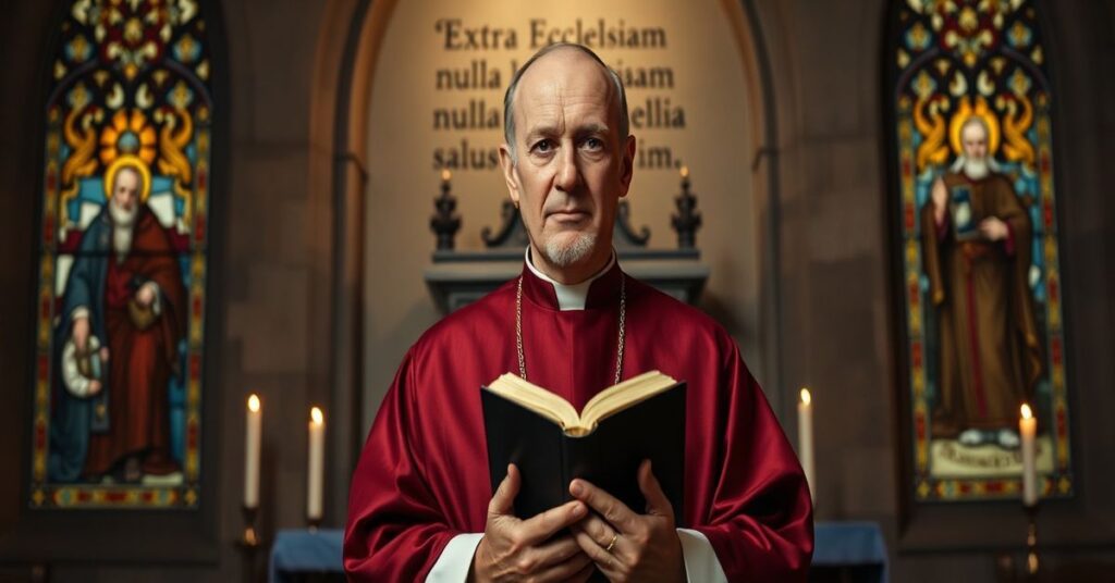 Poważny portret 'Biskupa' Mariana Elegantiego w tradycyjnych szatach liturgicznych przed historycznym ołtarzem z tabernakulum.