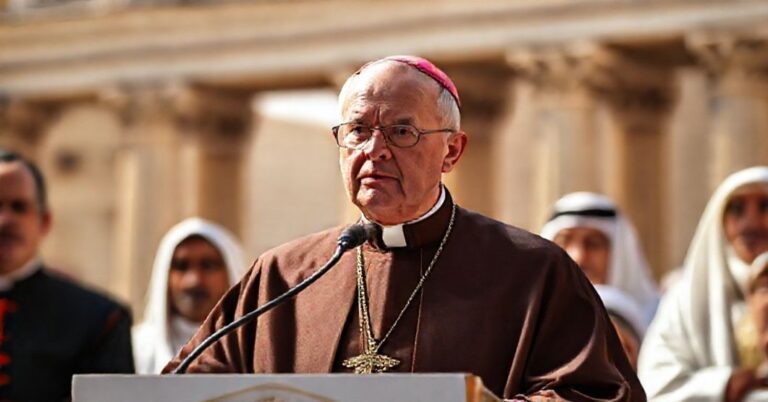 Konkretny katolicki biskup w tradycyjnych szatach liturgicznych przemawia podczas konferencji Rzymskiego Forum Życia, ostro potępiając synkretyzm religijny i fałszywy ekumenizm. Na tle widać symbole zgromadzeń w Asyżu i deklaracji z Abu Zabi.
