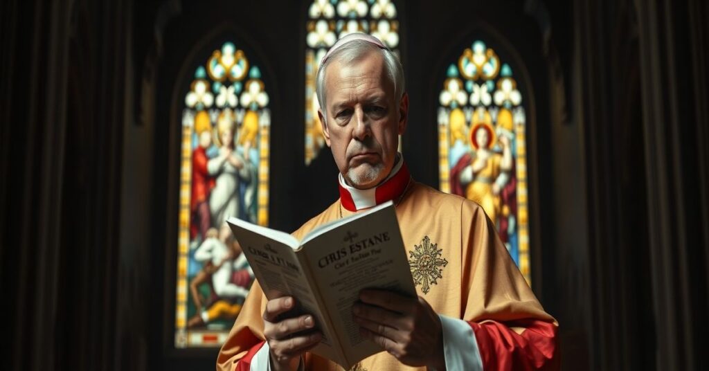 Biskup w tradycyjnych szatach liturgicznych trzyma encyklikę Quas Primas Piusa XI w kościele z witrażami przedstawiającymi sceny wojny i pokoju