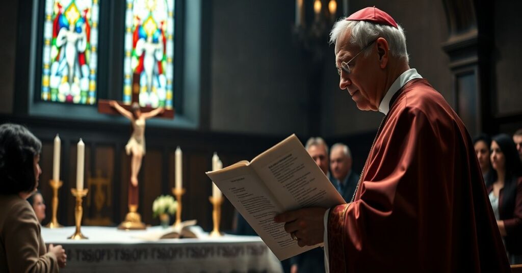 Biskup w tradycyjnych szatach liturgicznych przemawia do wiernych w kościele o zagrożeniach związanych z legalizacją eutanazji w Walii.