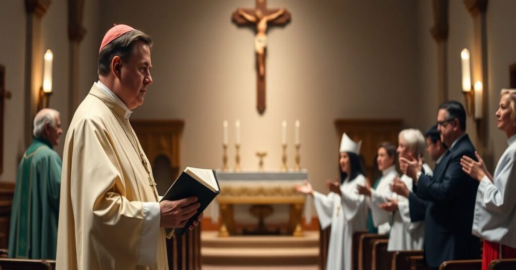 Biskup w tradycyjnych szatach liturgicznych w kościele naprzeciw ewangelickich pastora do sprawy imigracji