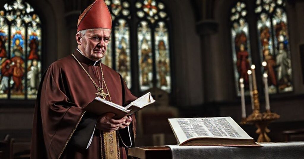 Biskup w tradycyjnych szata liturgicznych stojący w historycznym kościele polskim, patrząc z niechęcią na nowoczesny dokument o fałszywym pojednaniu.