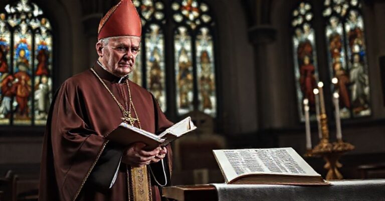 Biskup w tradycyjnych szata liturgicznych stojący w historycznym kościele polskim, patrząc z niechęcią na nowoczesny dokument o fałszywym pojednaniu.