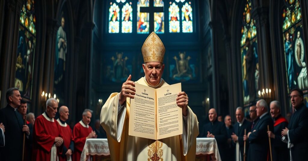 Biskup w pełnej stroju liturgicznym przedstawiający fałszywe nauki ekumenizmu podczas audiencji ogólnej.